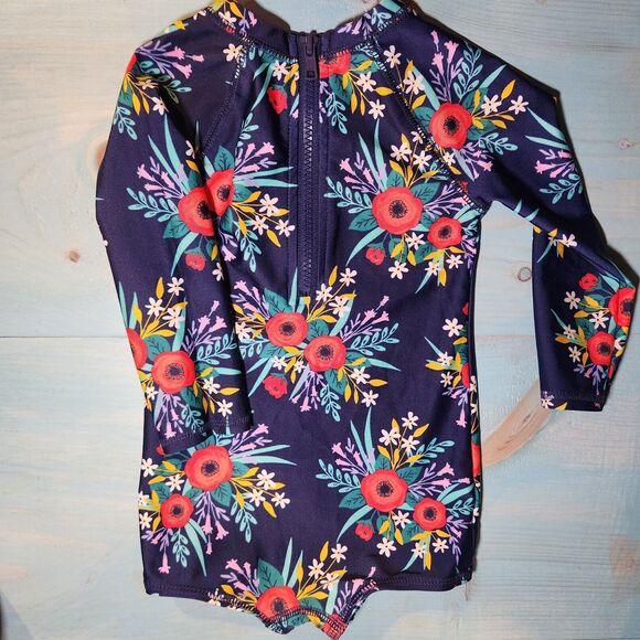 Girls' Floral Rashguard Swimsuit - Pink/Blue Long Sleeve, Size 18 Months - Picture 2 of 7